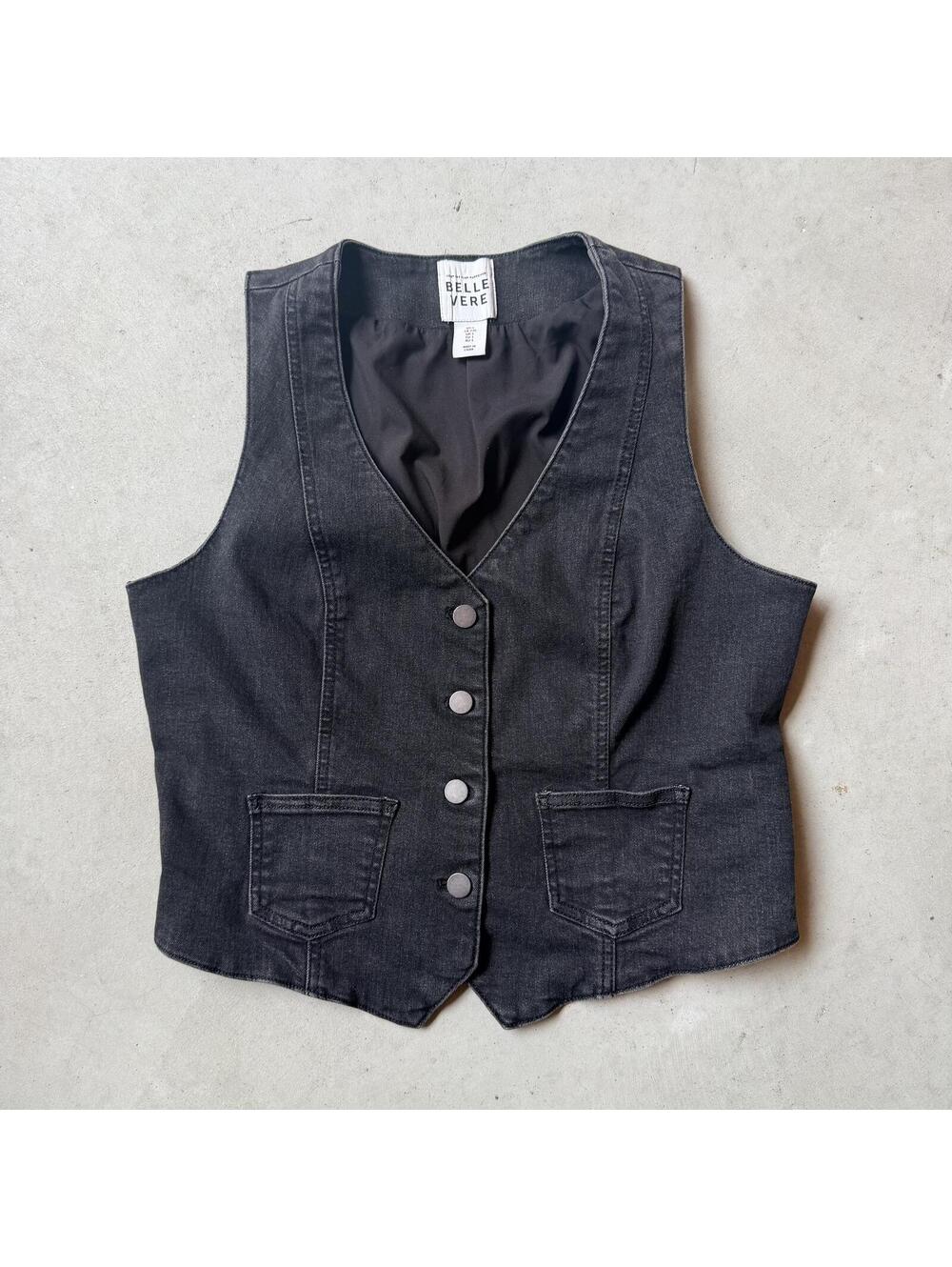 Anthropologie BELLE VERE Black Denim Button-Up Vest Size L